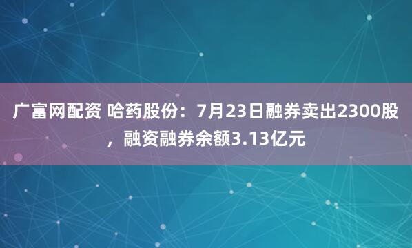 广富网配资 哈药股份：7月23日融券卖出2300股，融资融券余额3.13亿元